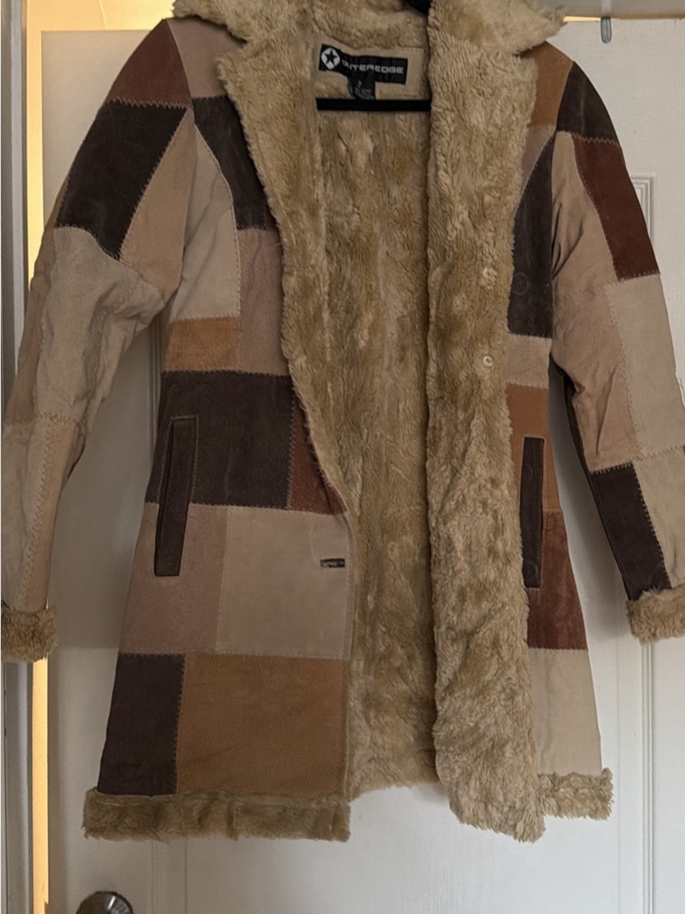 Outer Edge Patchwork Teddy Shearling Coat - Beige, Tan, Brown